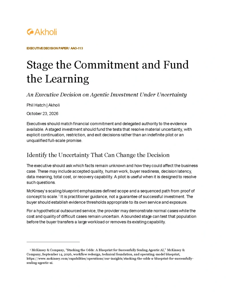 Title page: Stage the Commitment and Fund the Learning — An Executive Decision on Agentic Investment Under Uncertainty. Phil Hatch, Akholi, October 23, 2026.