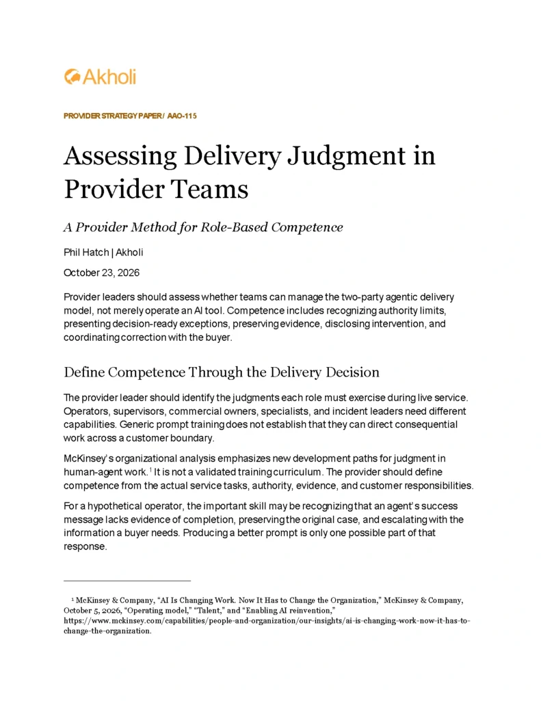 Title page: Assessing Delivery Judgment in Provider Teams — A Provider Method for Role-Based Competence. Phil Hatch, Akholi, October 23, 2026.