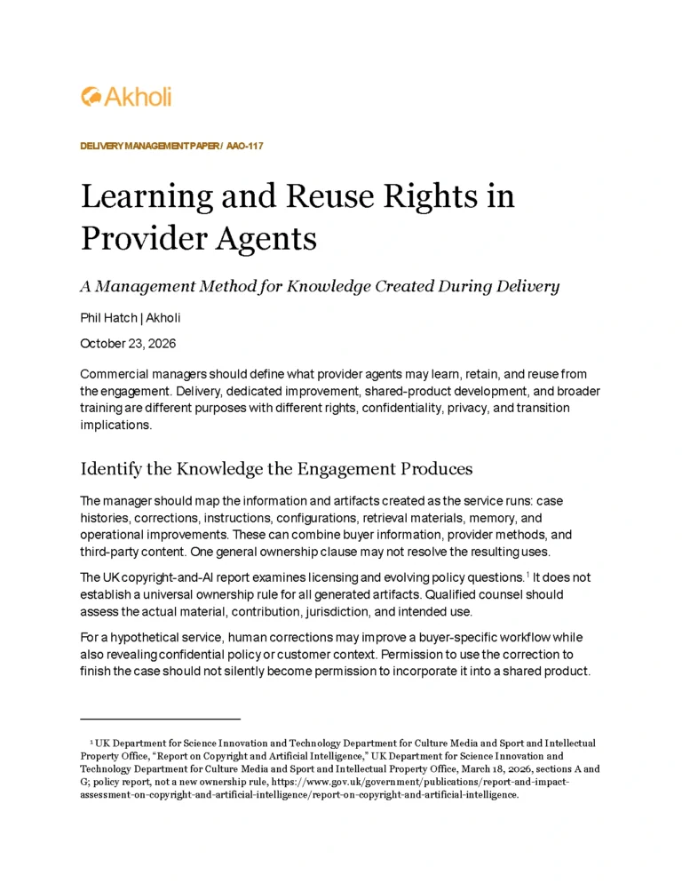 Title page: Learning and Reuse Rights in Provider Agents — A Management Method for Knowledge Created During Delivery. Phil Hatch, Akholi, October 23, 2026.