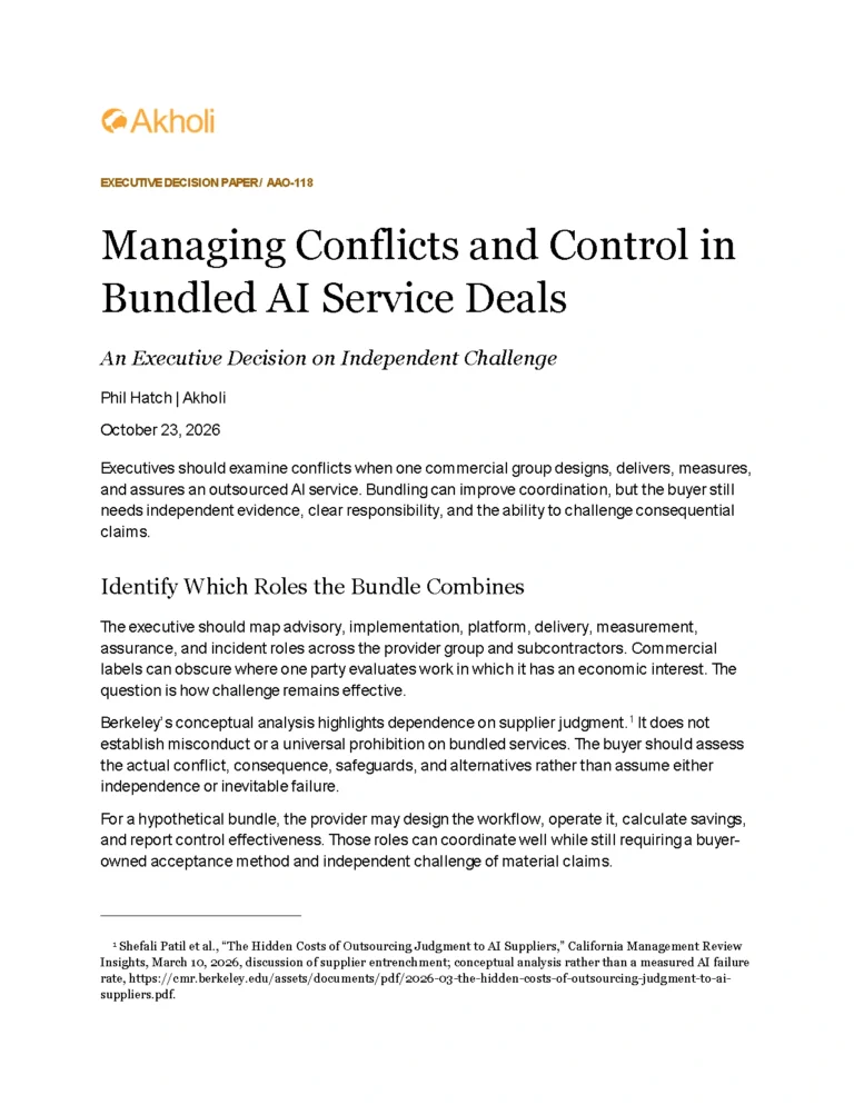 Title page: Managing Conflicts and Control in Bundled AI Service Deals — An Executive Decision on Independent Challenge. Phil Hatch, Akholi, October 23, 2026.
