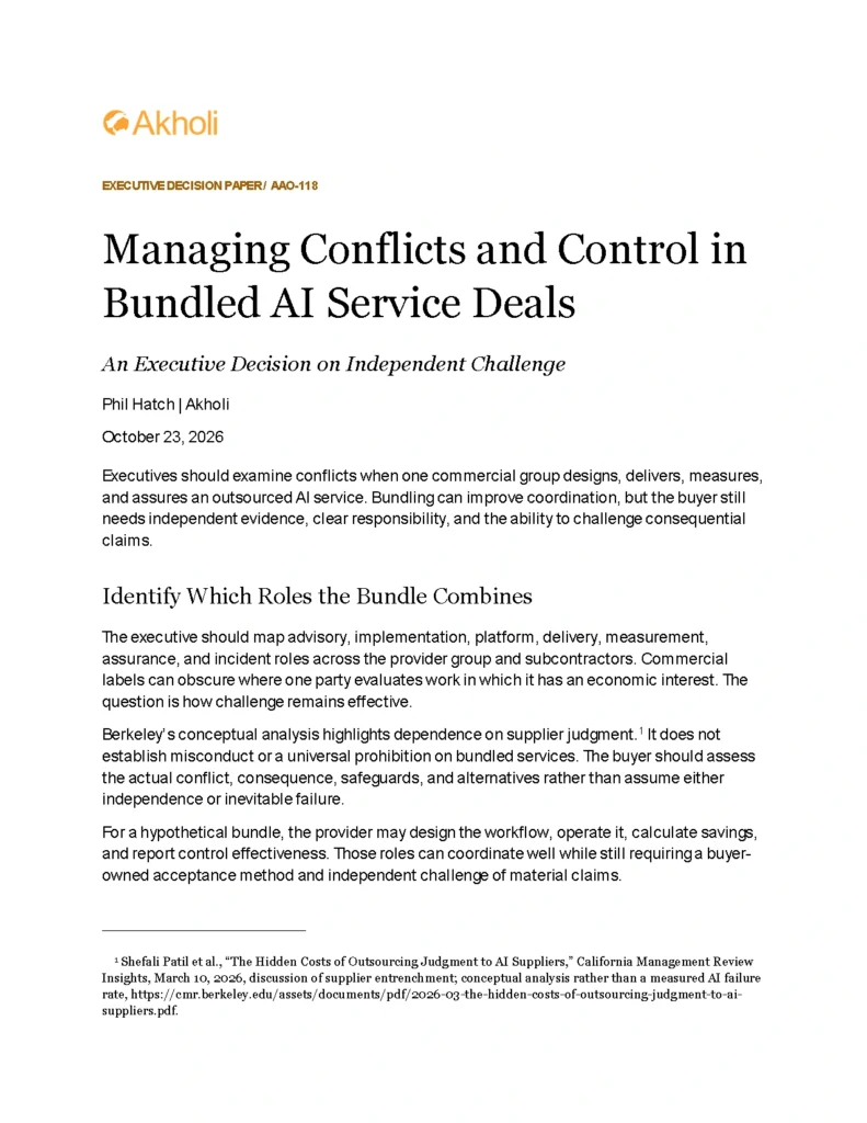 Title page: Managing Conflicts and Control in Bundled AI Service Deals — An Executive Decision on Independent Challenge. Phil Hatch, Akholi, October 23, 2026.