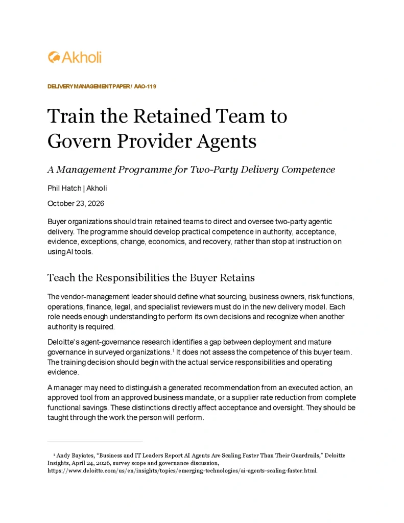 Title page: Train the Retained Team to Govern Provider Agents — A Management Programme for Two-Party Delivery Competence. Phil Hatch, Akholi, October 23, 2026.