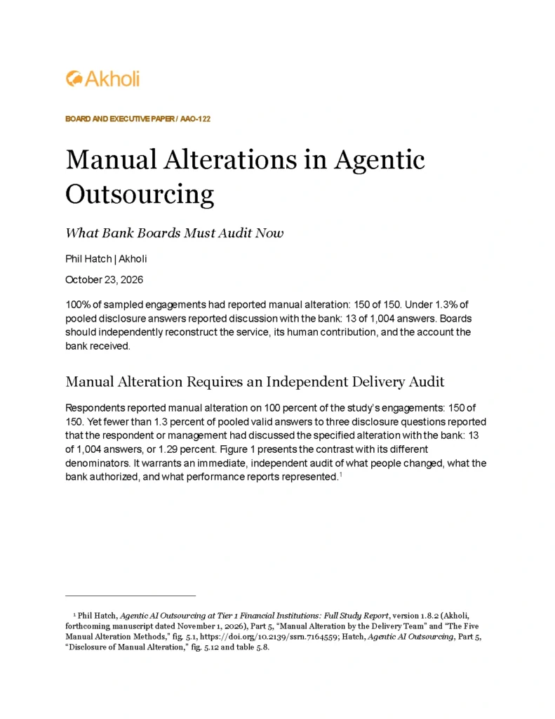 Title page: Manual Alterations in Agentic Outsourcing — What Bank Boards Must Audit Now. Phil Hatch, Akholi, October 23, 2026.